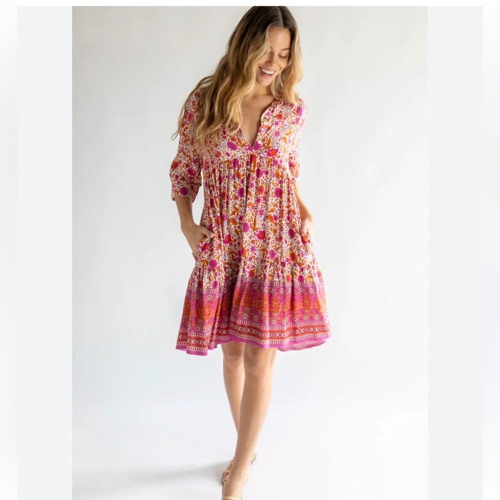 NATURAL LIFE Pink Floral Boho Tiered Dress